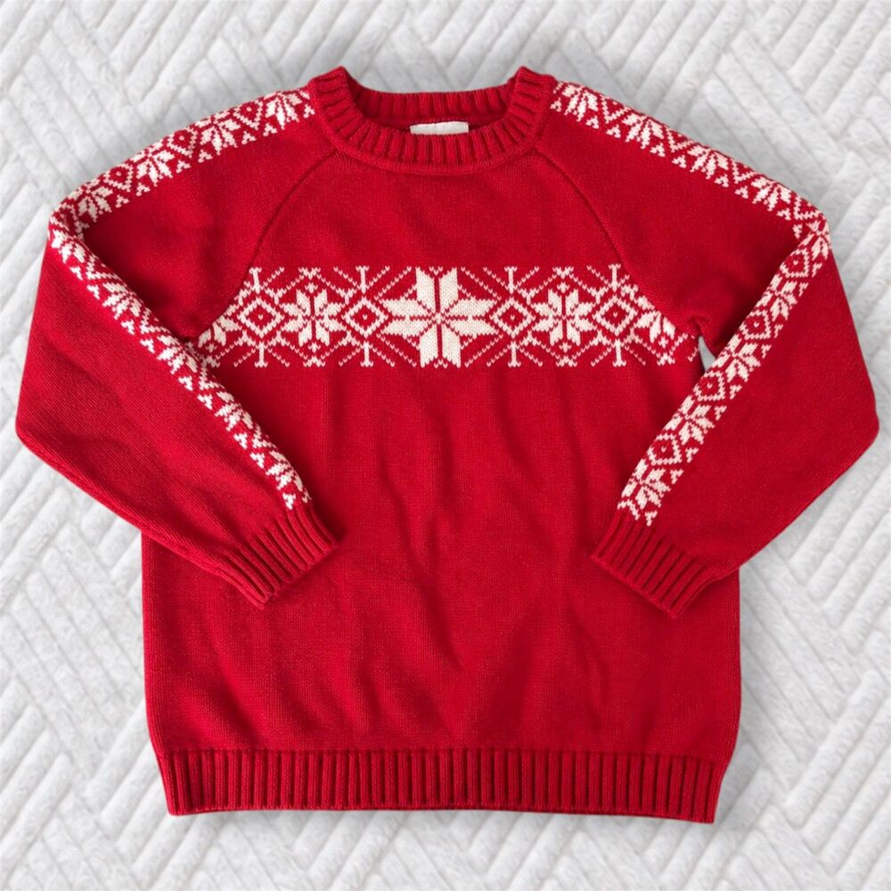 Hanna Andersson Boys 120 6-7 Red Fair Isle Snowflake Cotton Christmas Sweater